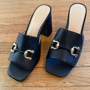 Ann Taylor Black Leather Mules, Horse-bit, Block Heel, Size 8 Sandal